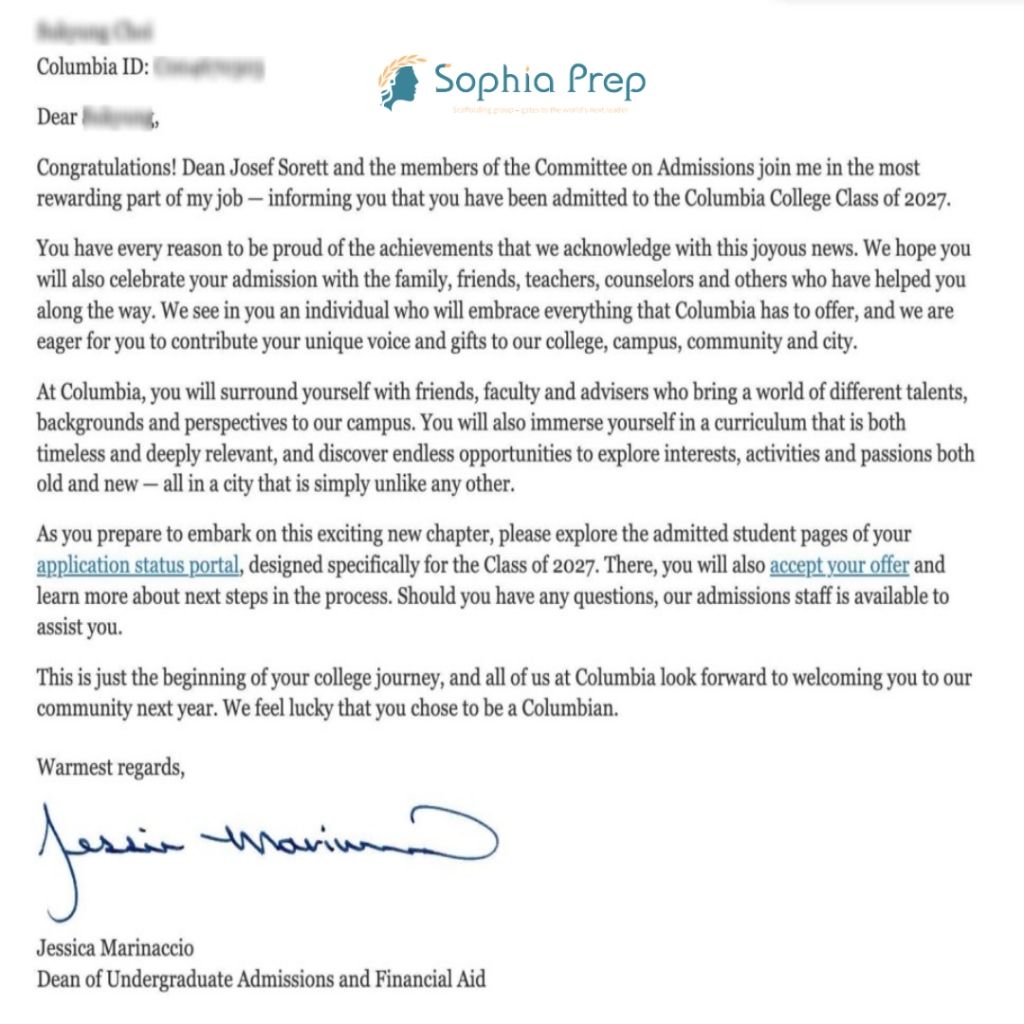 Columbia Acceptance Letter