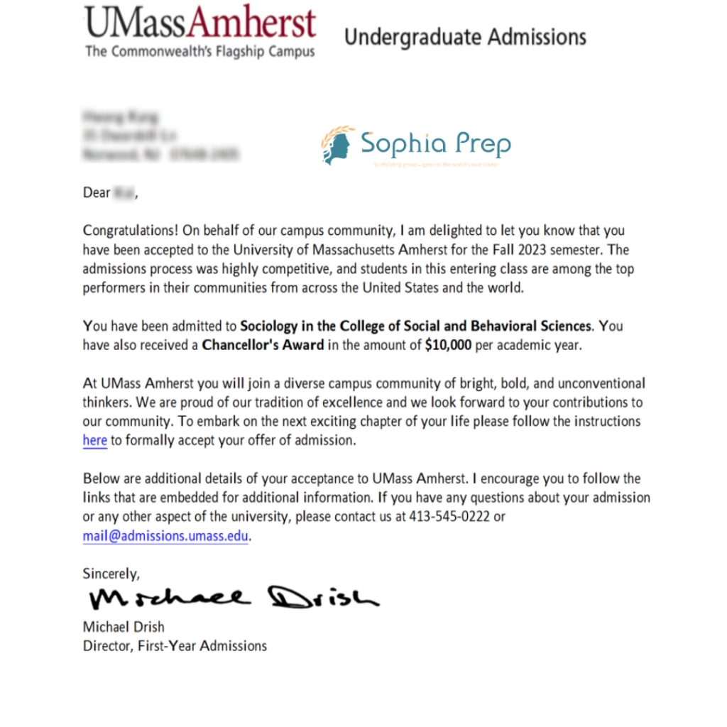 UMass Amherst Acceptance Letter